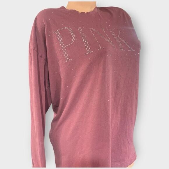 PINK Victoria's Secret Tops - Victoria's Secret PINK Lg Long Sleeve Campus Tee Maroon Rhinestones Bling